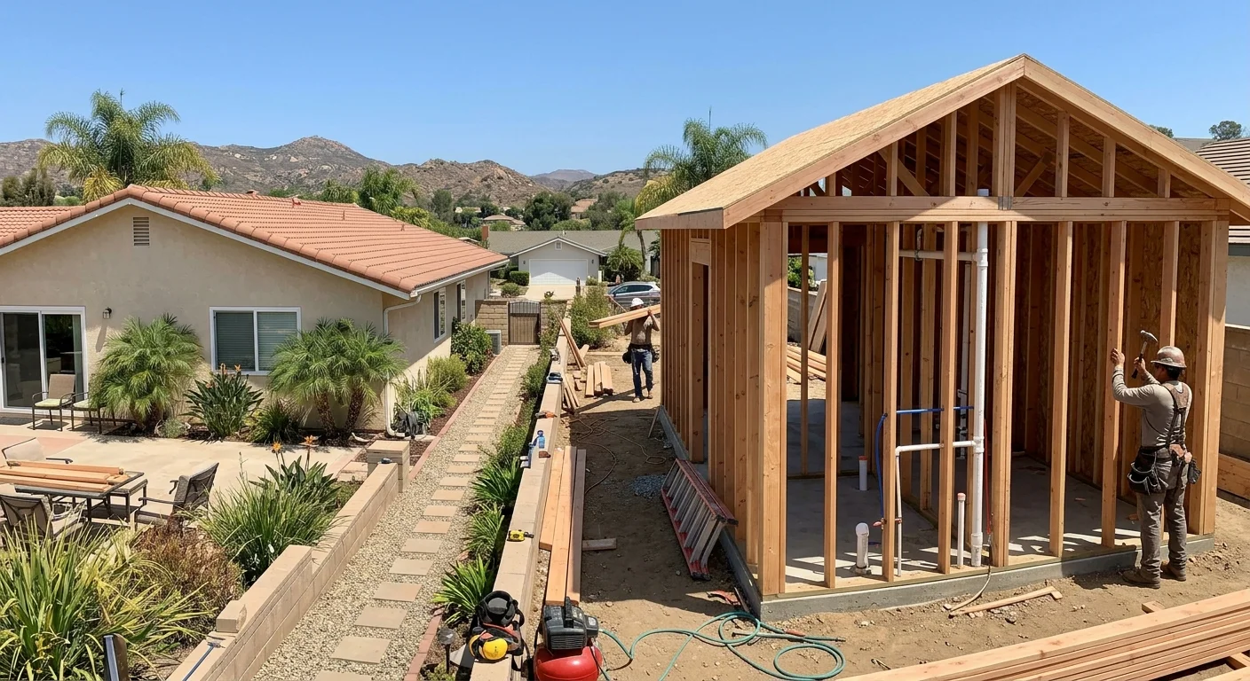 Framed Vista backyard ADU beside a single-story house with a side-yard path