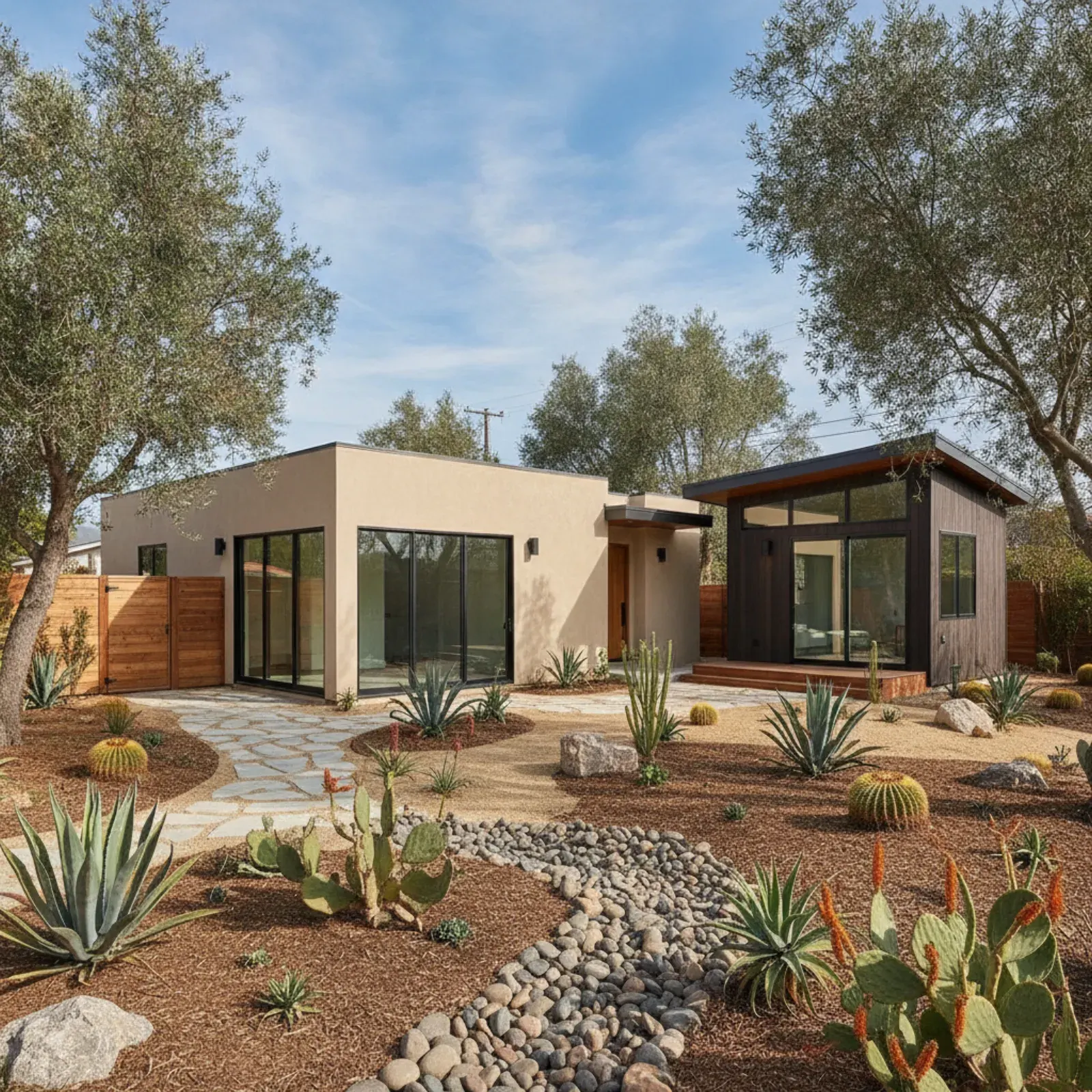 A detached ADU cottage next to a two-story San Diego home with a connected room addition
