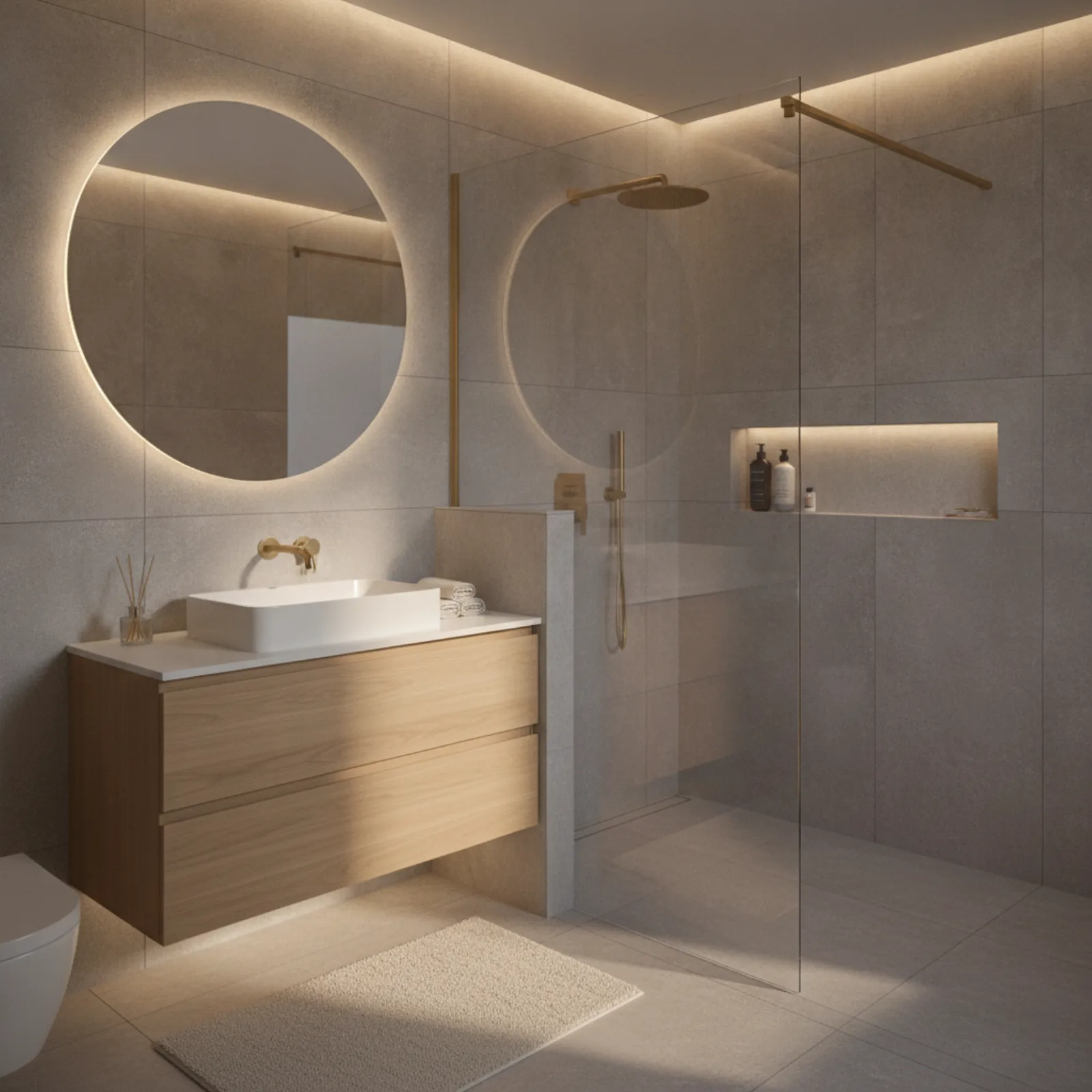 Remodeled master bathroom in San Diego with walk-in tile shower and freestanding tub