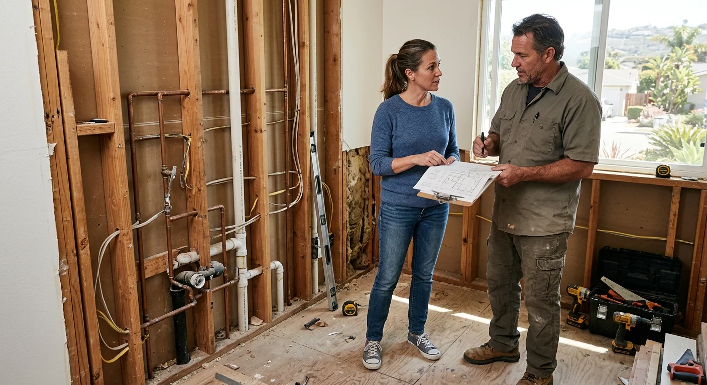 Homeowner and contractor reviewing a bathroom remodel scope beside exposed wall framing