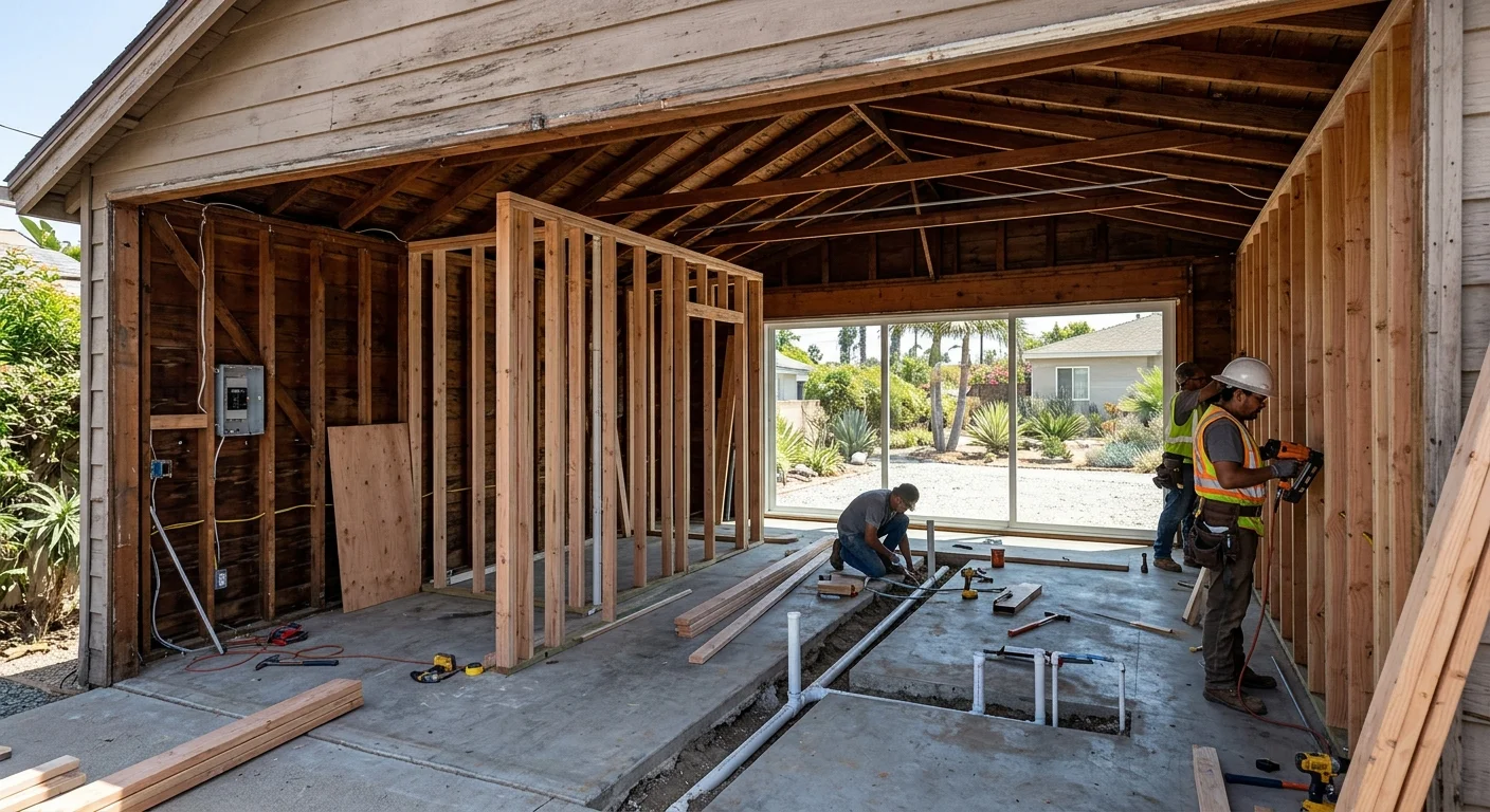 Garage conversion with exposed framing and utility rough-ins
