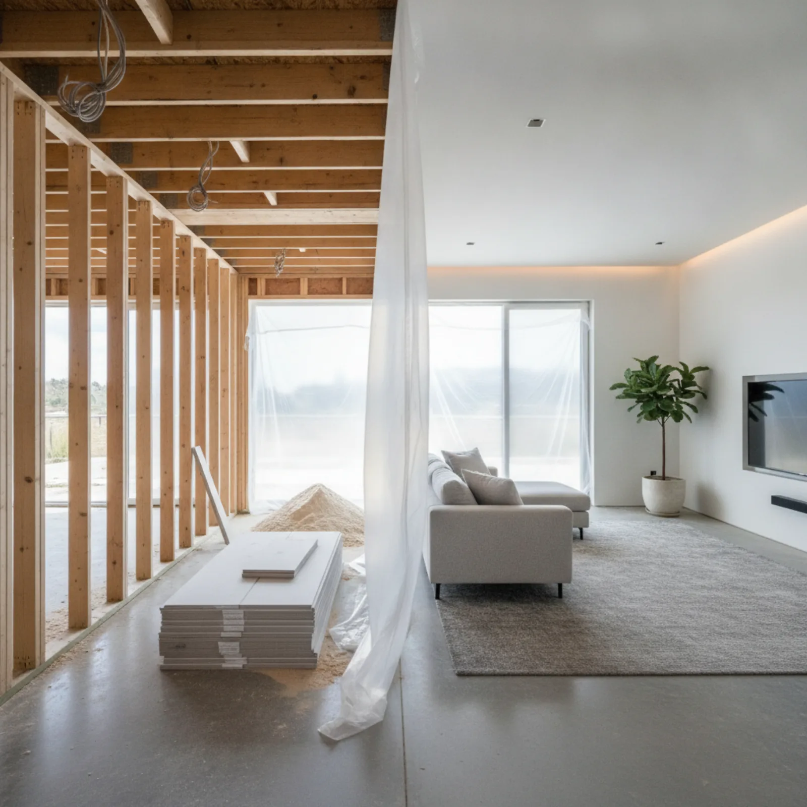 Construction worker framing a room addition in a San Diego home with open walls and new lumber