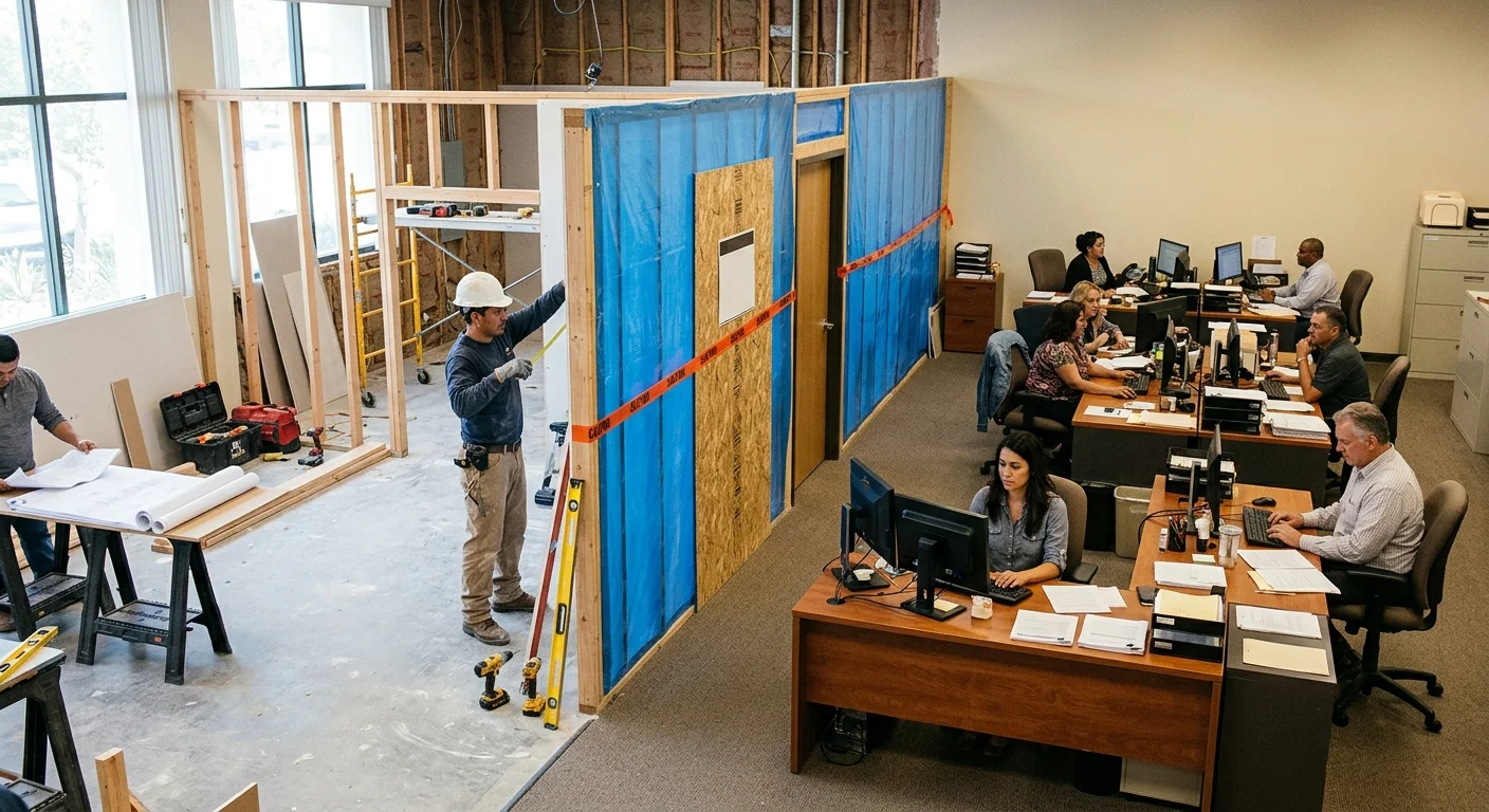 San Diego office split between live workstations and a barriered remodel zone