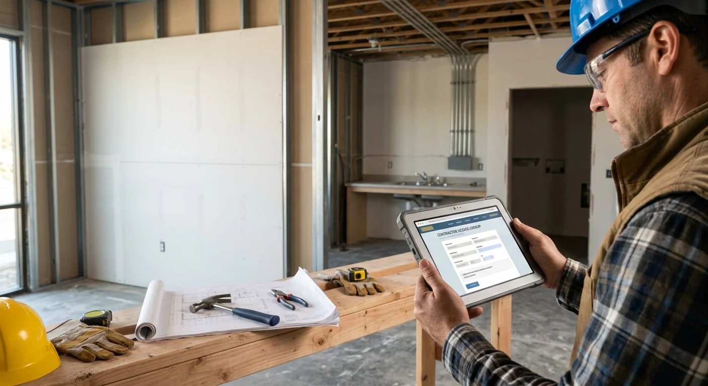 Contract plans, safety gear, and a tablet at a Kearny Mesa commercial job site