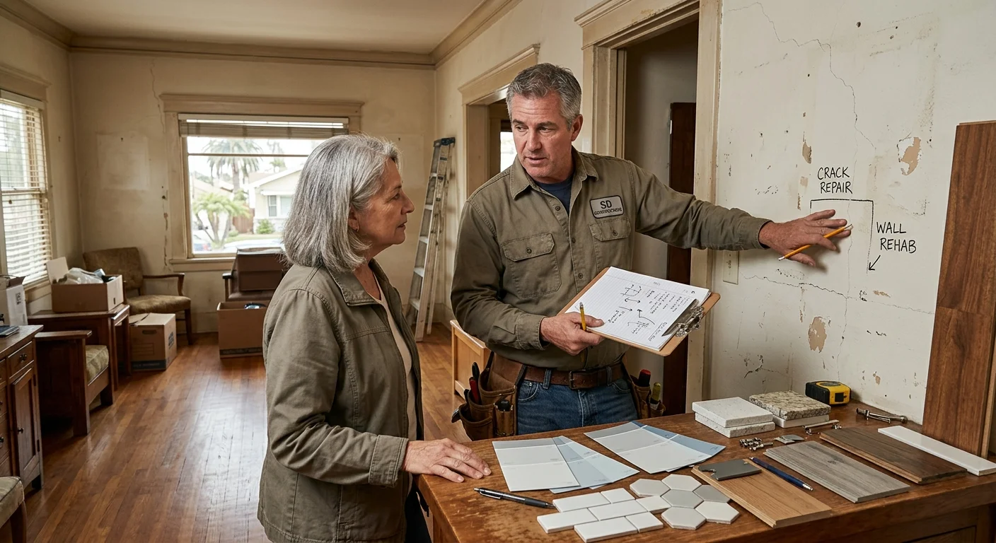 Contractor reviewing repair notes and finish samples in an older San Diego house before listing