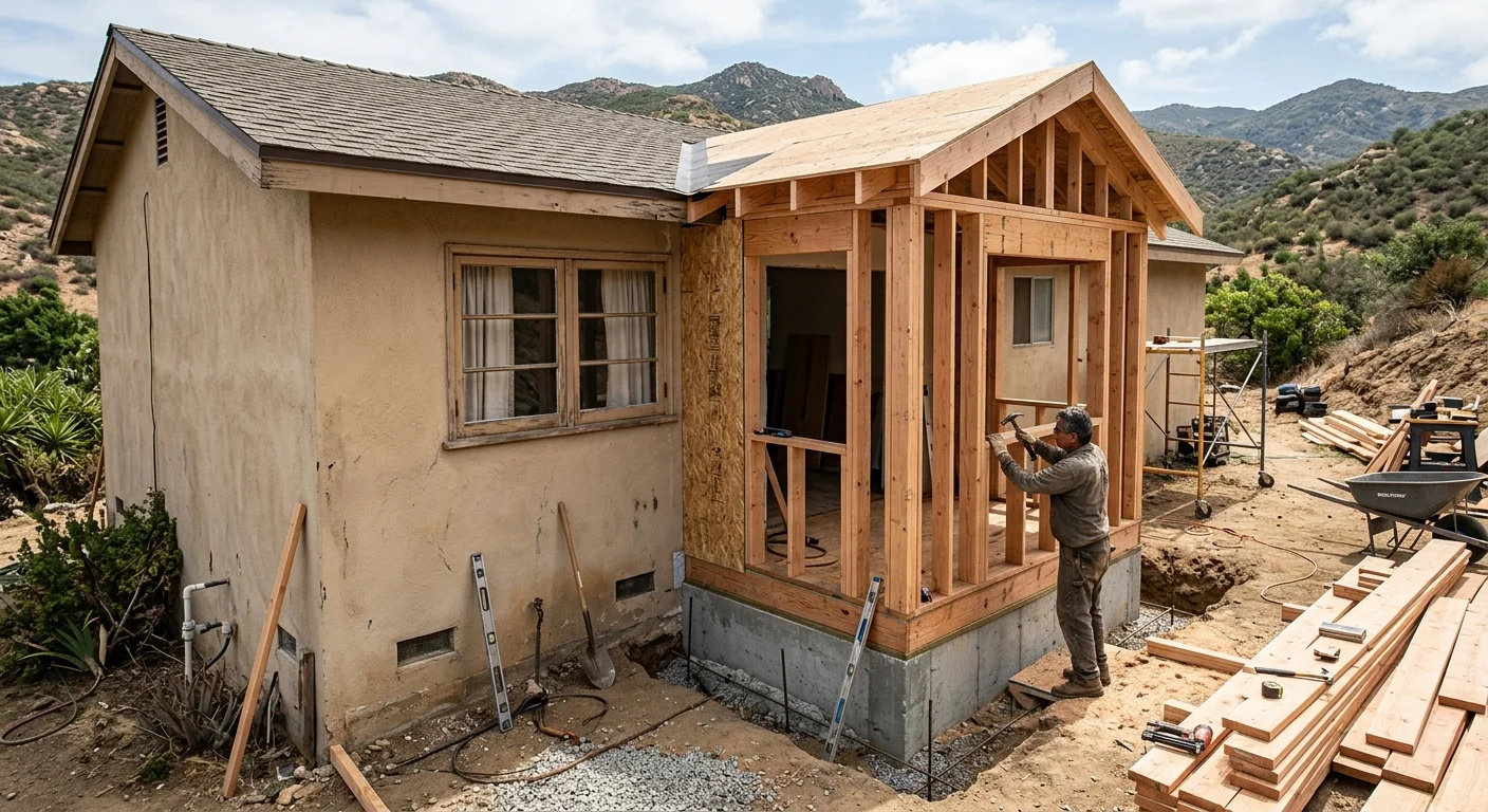 East County ranch house with a small kitchen bump-out under framing, roof tie-in and foundation work beside the existing kitchen window wall