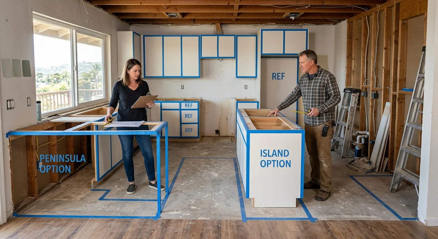 Tape marks for peninsula and island options on a North County ranch kitchen floor