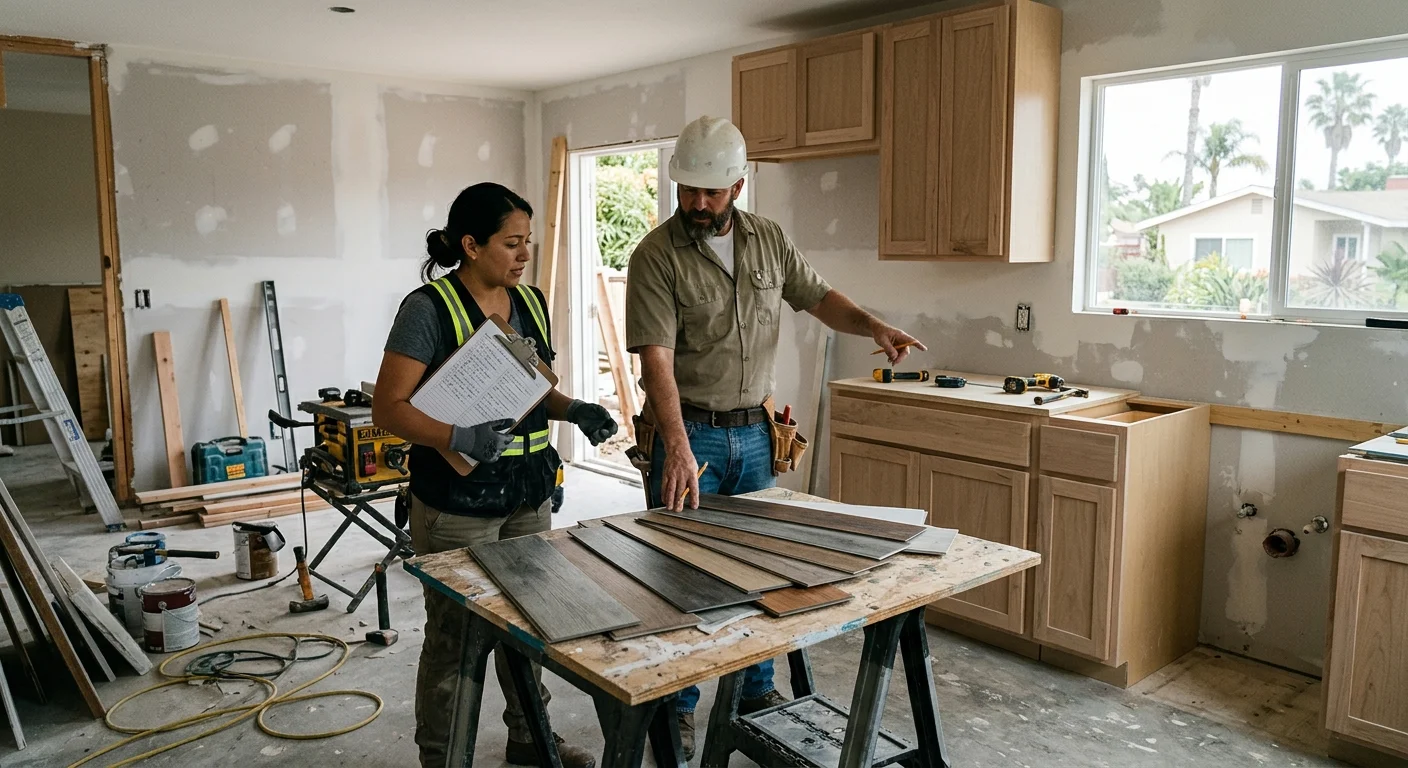 Contractor reviewing a rental rehab scope beside flooring and cabinet samples