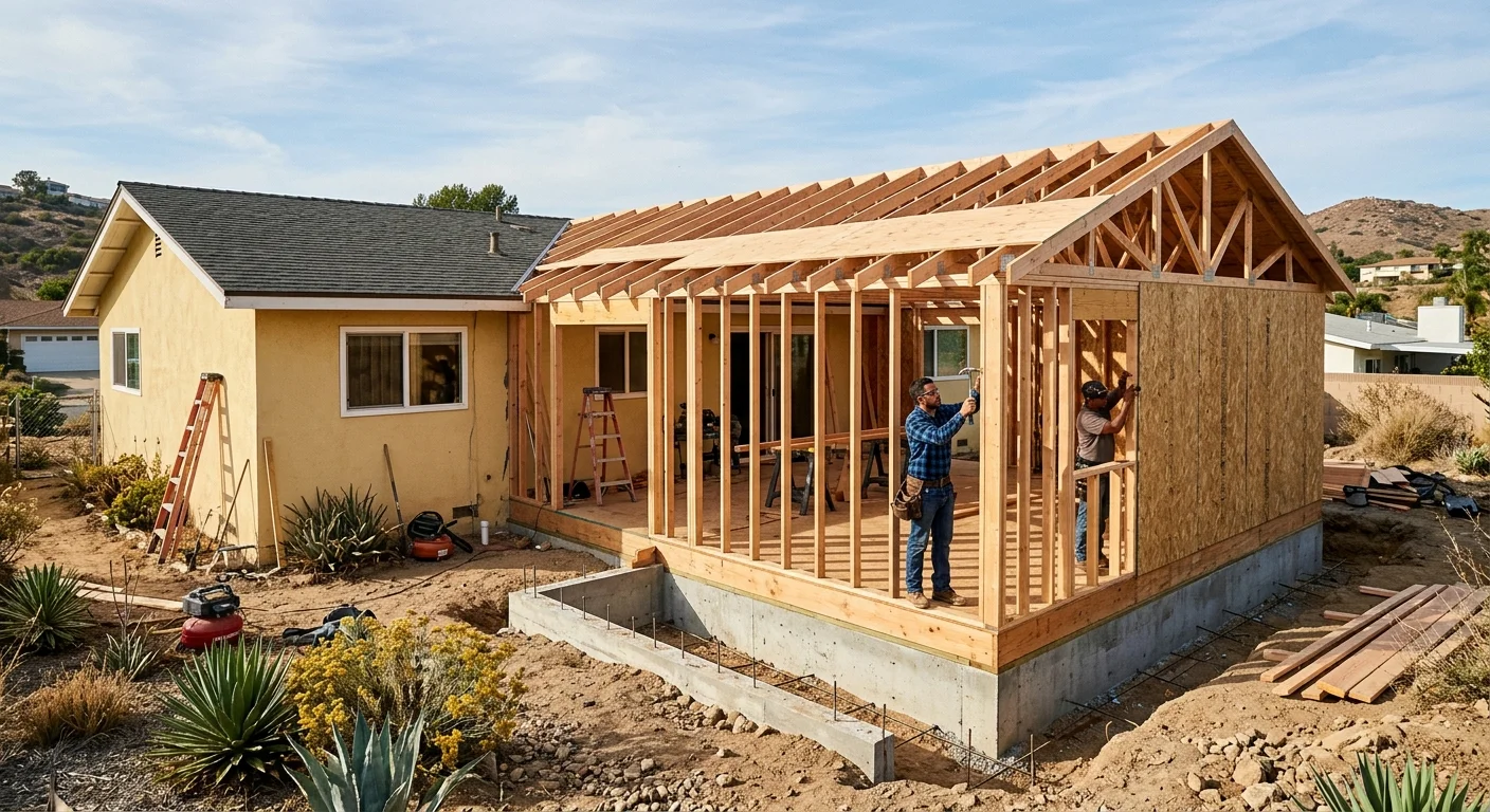 Framed room addition beside a postwar La Mesa ranch home