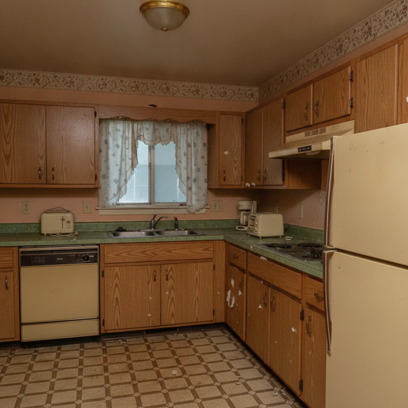 Dated kitchen in a San Diego home showing worn cabinets and outdated finishes