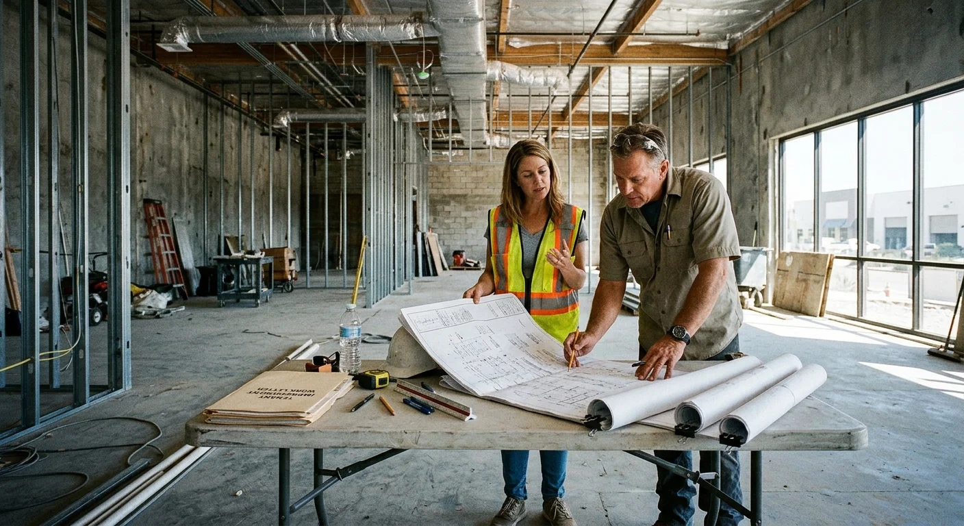 Work letter and rolled plans on a table in a Kearny Mesa commercial suite