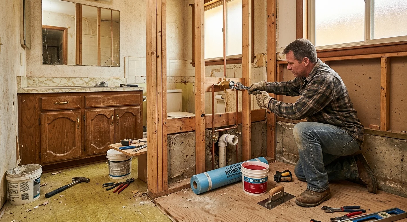 Opened alcove in a 1970s Escondido ranch bathroom with drain and valve rough-ins visible