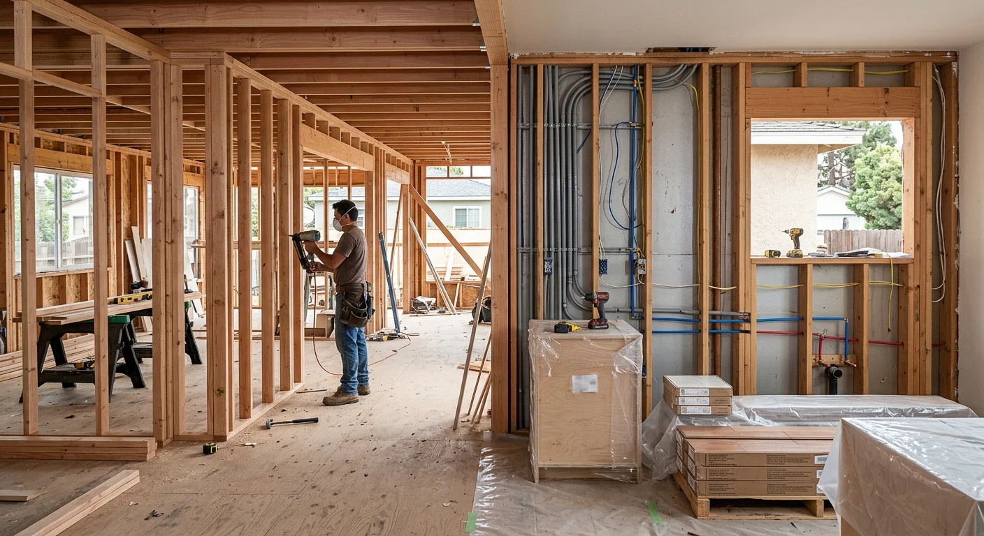 Whole-home remodel with exposed framing and rough utilities