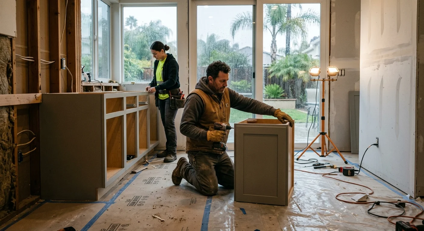 Enclosed kitchen remodel in a North County home with rain on the windows