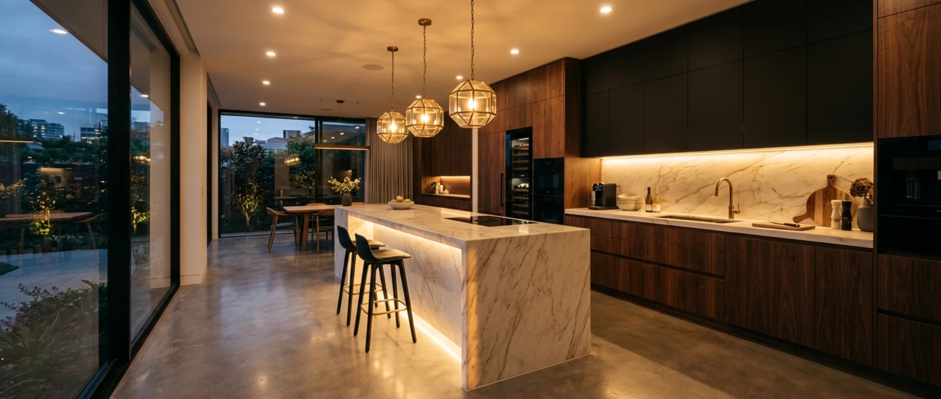 Cocina moderna remodelada con isla de mármol en el Condado de San Diego