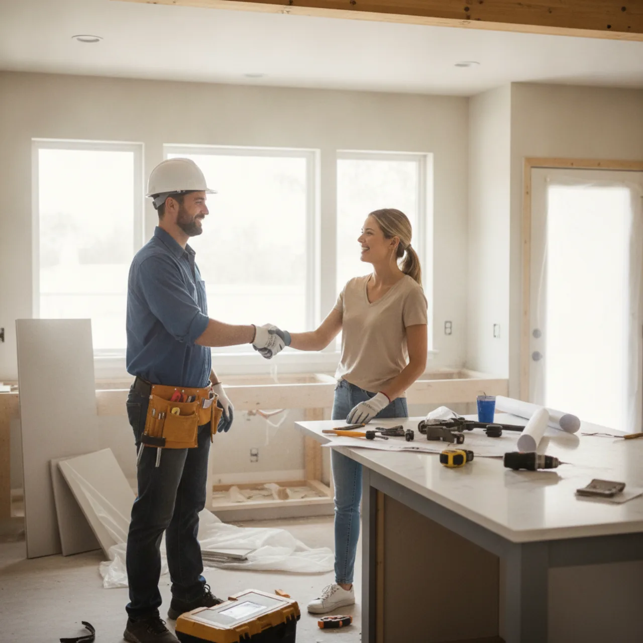 A homeowner shaking hands with a contractor at a job site
