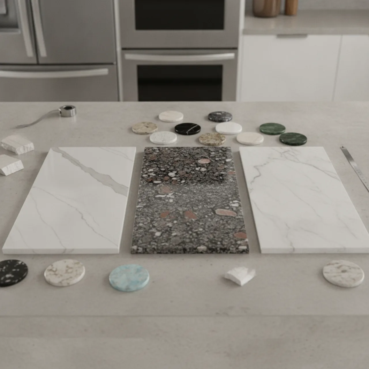 Countertop material samples laid out on a kitchen counter