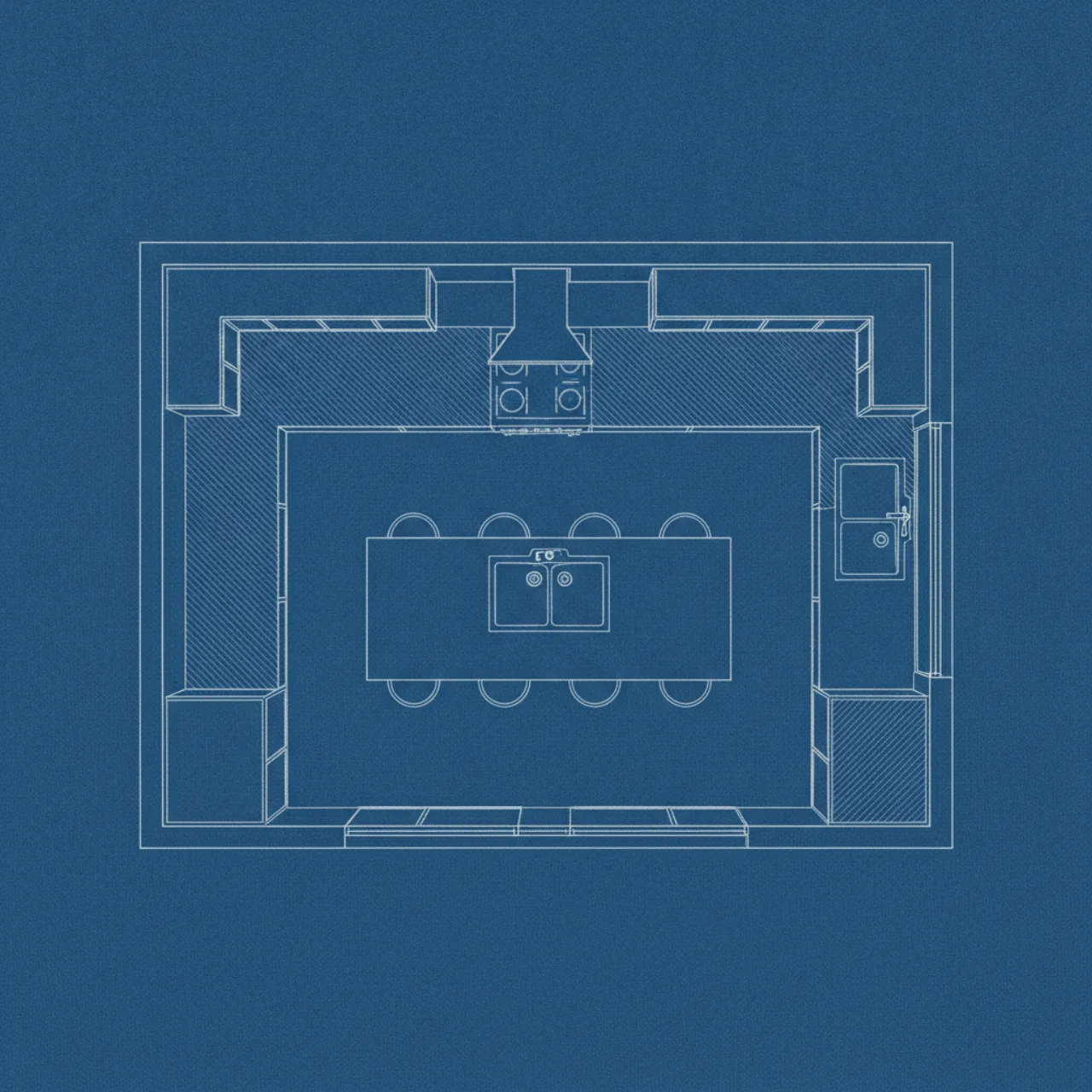 An overhead view of a kitchen layout with an island
