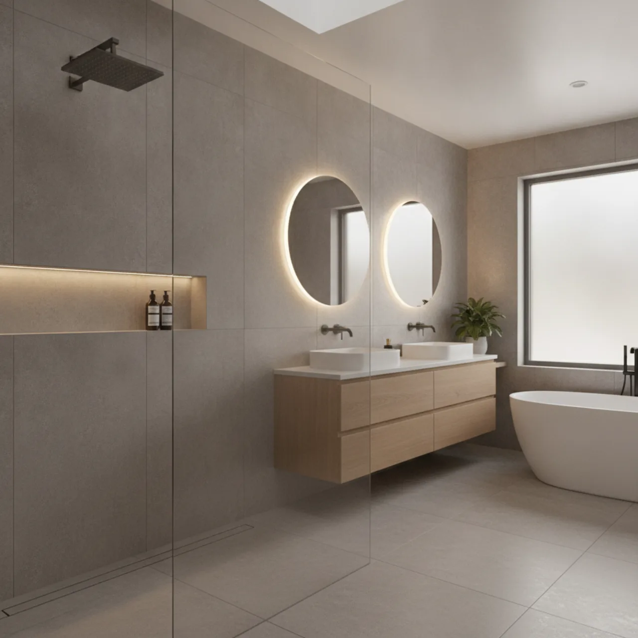 A remodeled bathroom with a tile walk-in shower and floating vanity