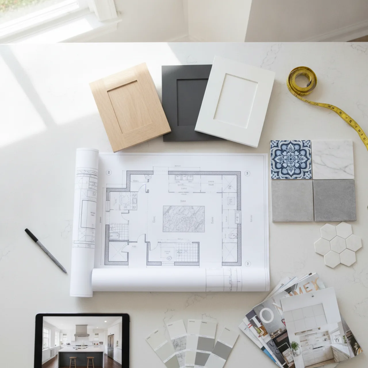 A homeowner reviewing kitchen plans on a counter with finish samples