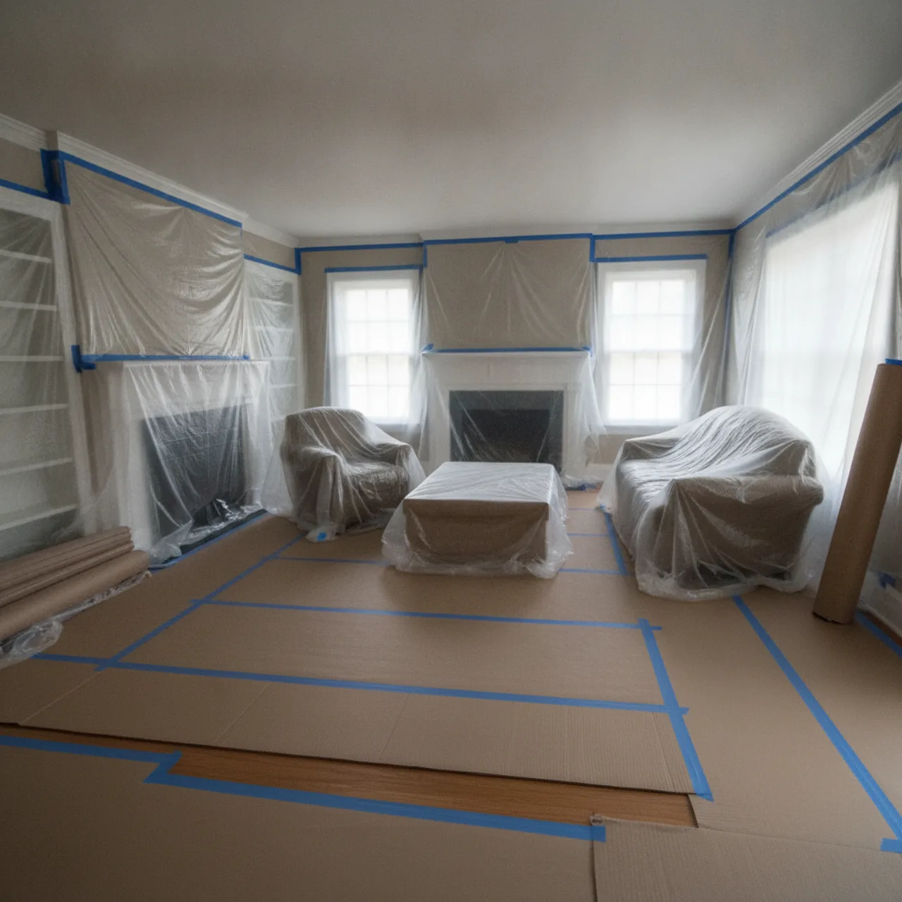 A room cleared and protected with plastic sheeting before a remodel