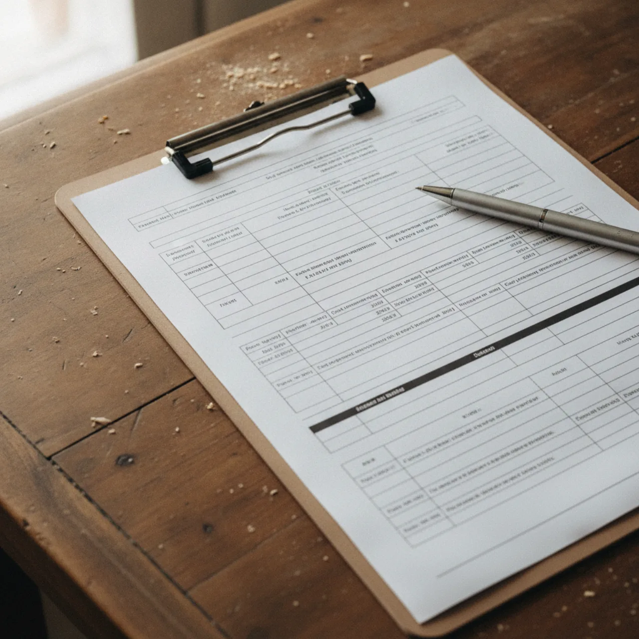 A detailed contractor estimate on a clipboard with a pen