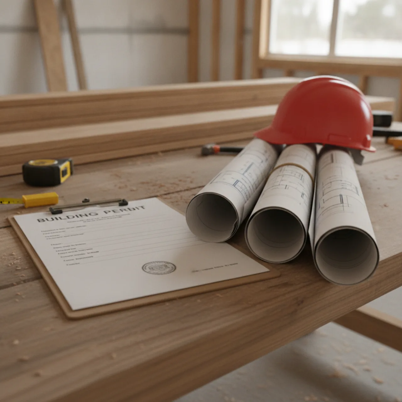 A building permit and plans on a table at a remodel job site