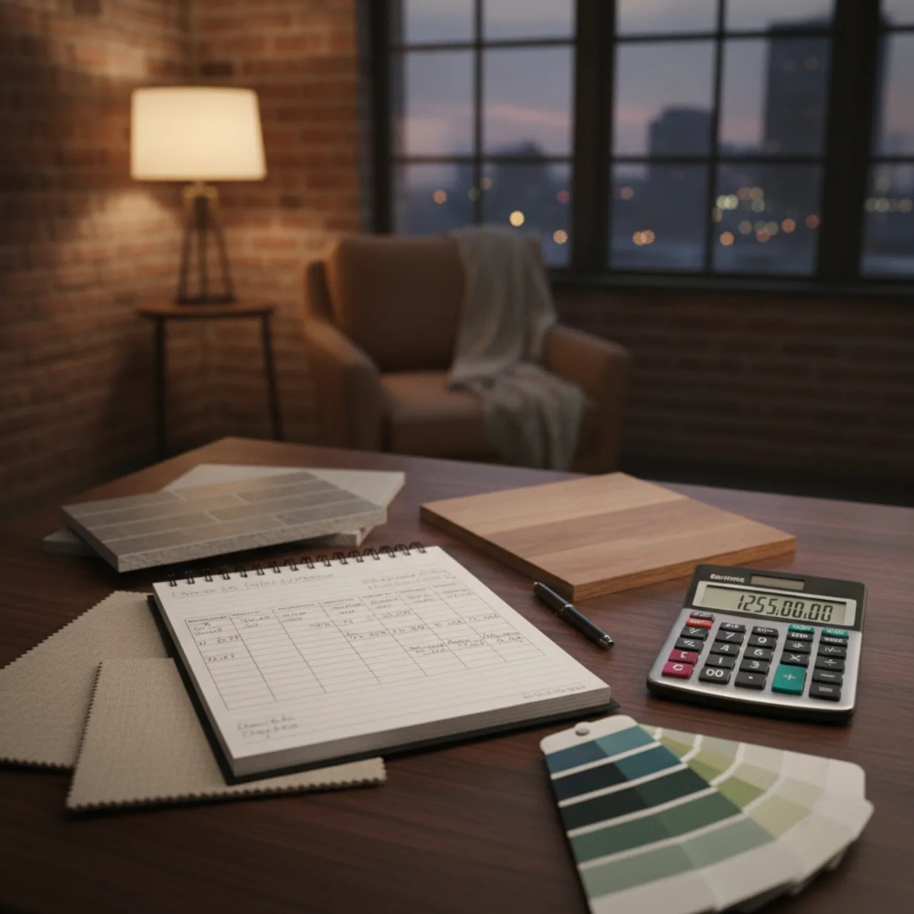 A notebook with a remodel budget breakdown next to a calculator