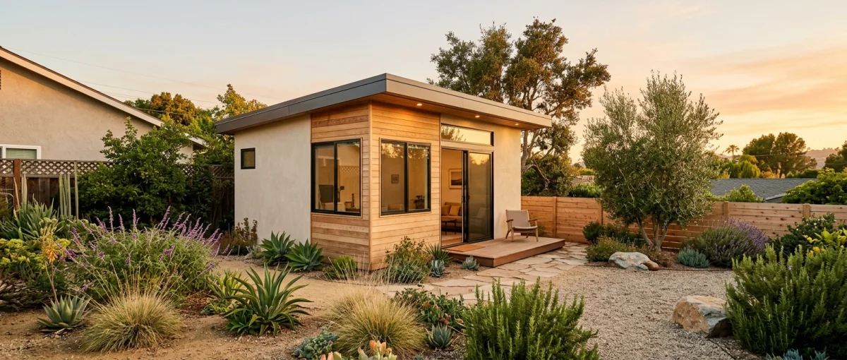 Detached ADU with stucco exterior and landscaping on a San Diego County residential property