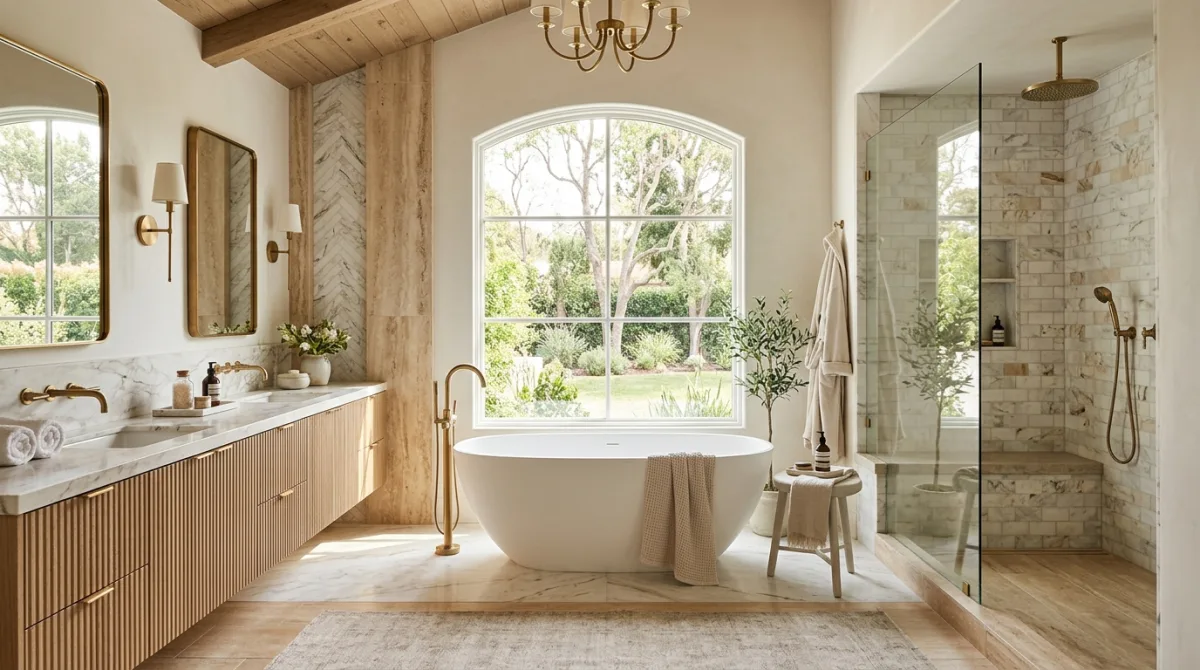 Custom tiled walk-in shower and dual vanity in a remodeled primary bathroom in San Diego County