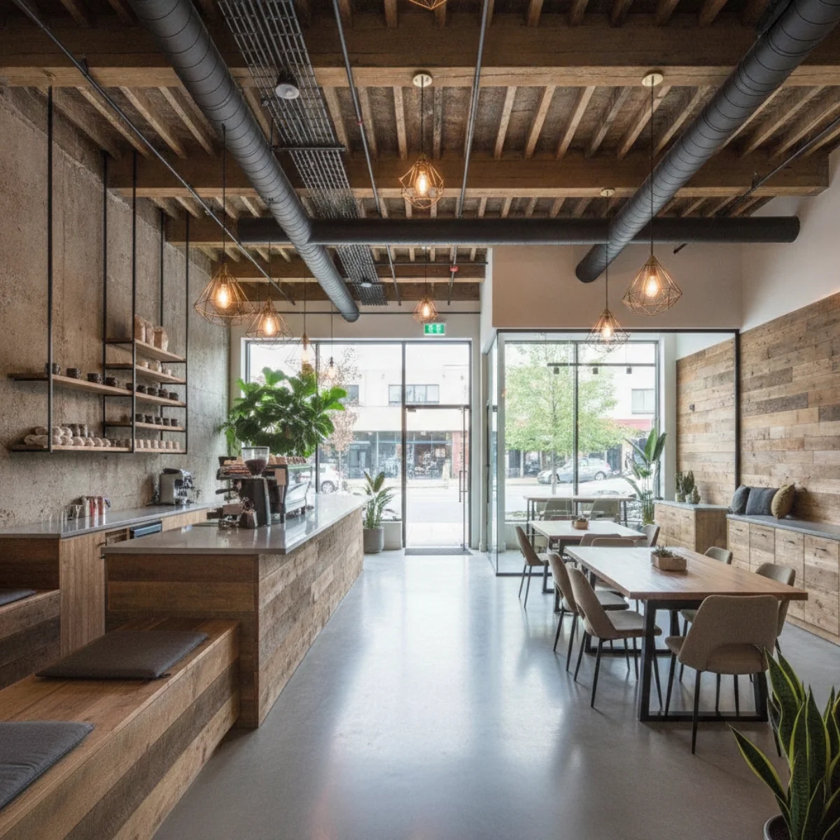 Completed commercial tenant improvement with open office layout, polished concrete floors, and storefront glazing in San Diego County