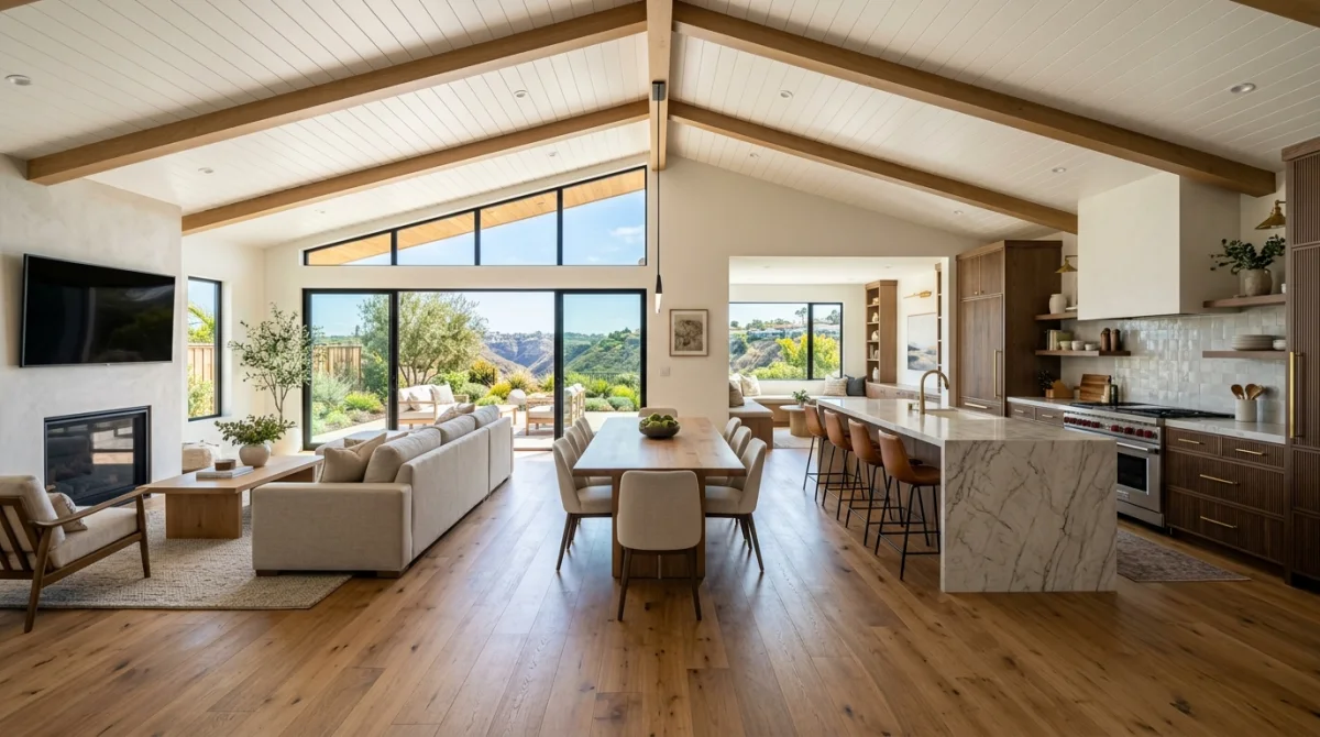 Fully remodeled San Diego County home interior with open floor plan, new flooring, and custom kitchen